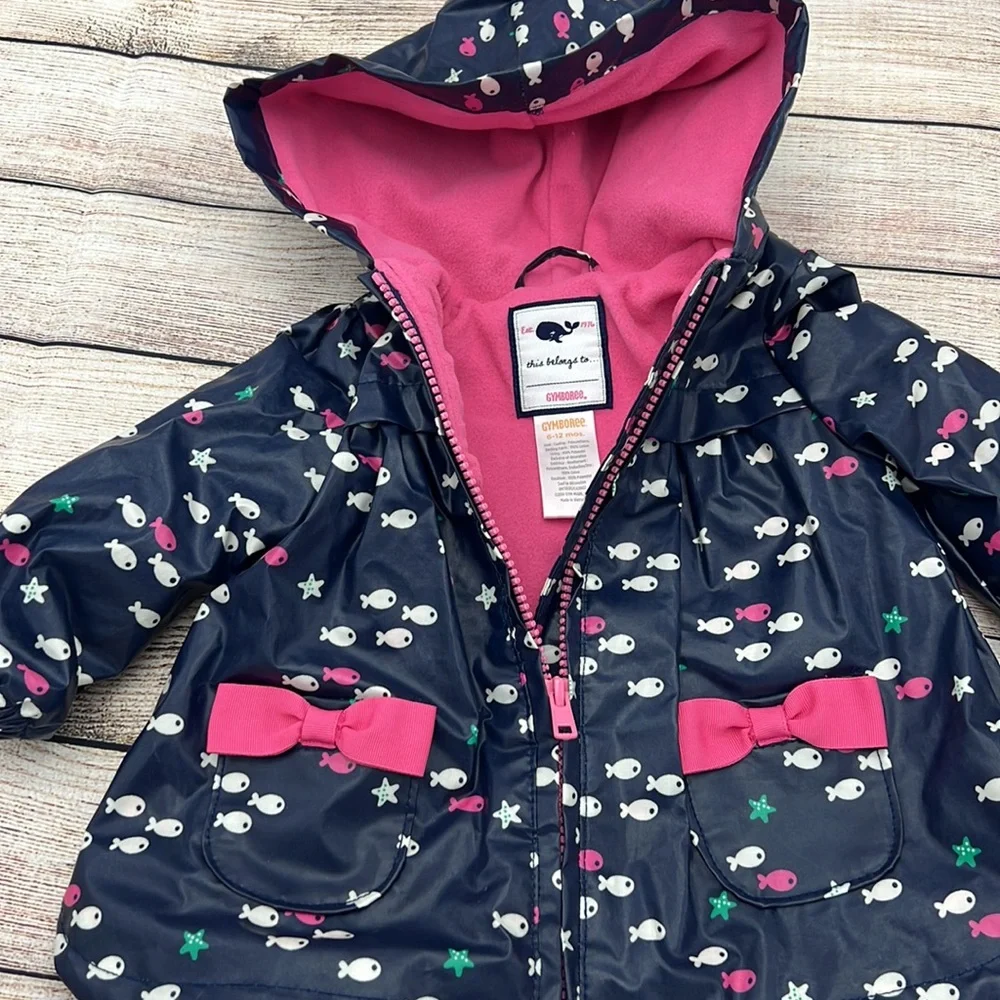 Gymboree Fish Pattern Navy Pink Fleece Lined Raincoat Size 6 to 12 Months